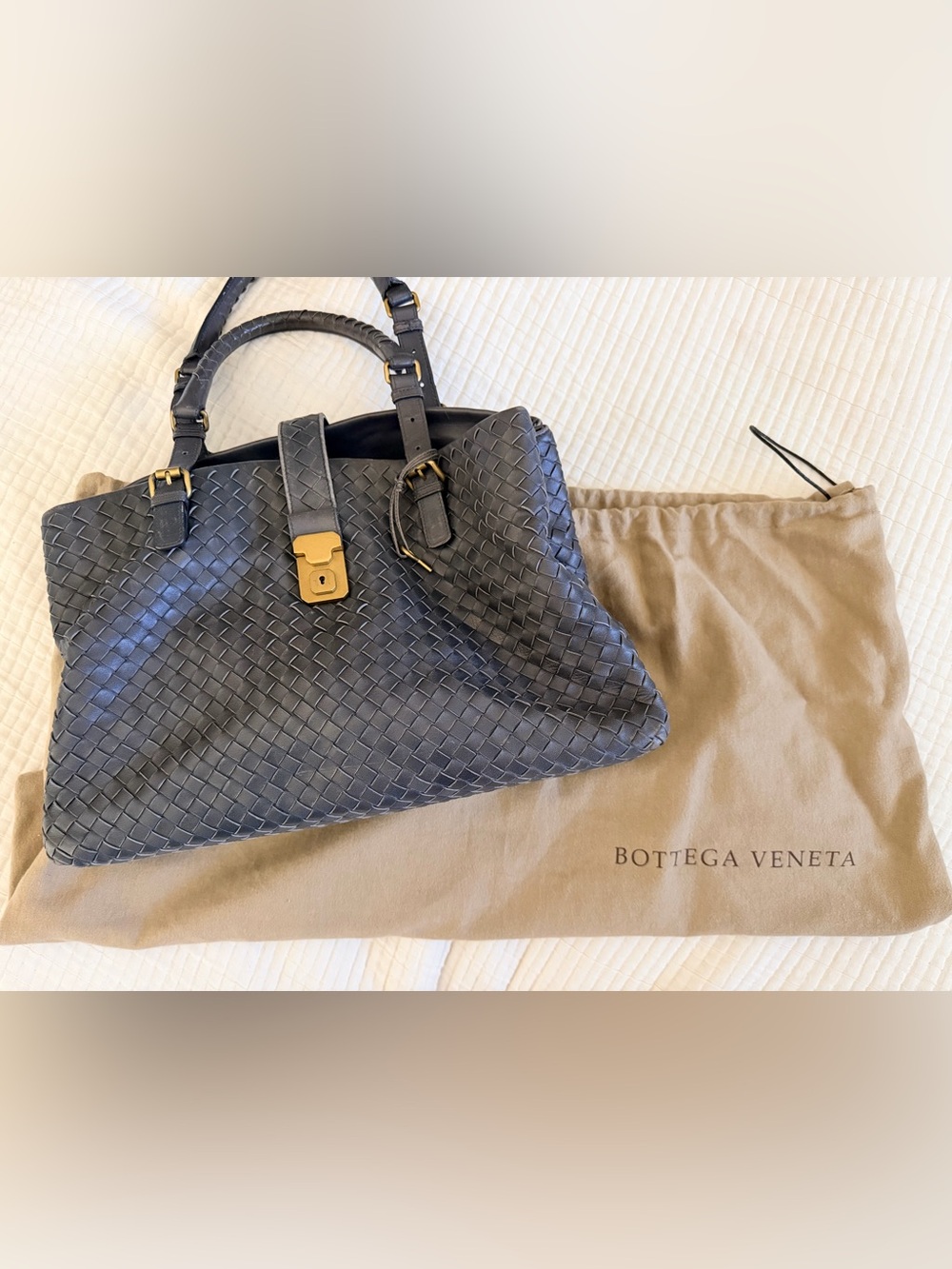 Authentic Bottega Veneta Grey Intrecciato Woven Leather Shoulder Bag